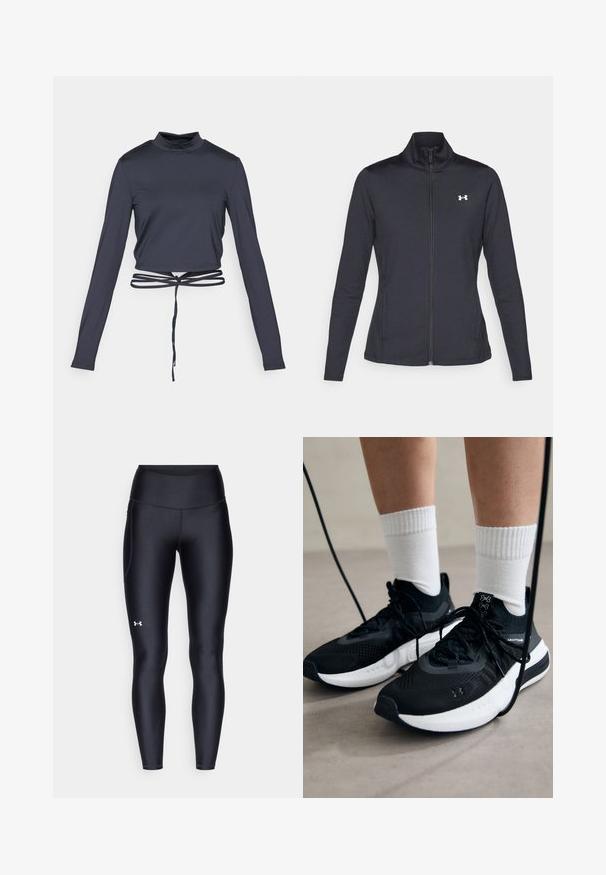 Črna atletska jakna iz gladkega, raztegljivega blaga z visokim ovratnikom in polnim zadrgo, ki ima majhen bel logotip na zgornji levi strani.; Mornarsko modra skrajšana majica z dolgimi rokavi, ki ima visok ovratnik in nastavljiv zavoj na pasu. Gladek, elastičen material z oprijetim dizajnom.; Črne pajkice iz gladkega, elastičnega materiala z visokim pasom. Imajo bel logotip na levem stegnu in oprijet kroj.; Črne športne čevlje z strukturirano tkanino, belo podplatom in črnimi vezalkami. Nosi se z belimi rebrastimi nogavicami, stoje na svetli površini.