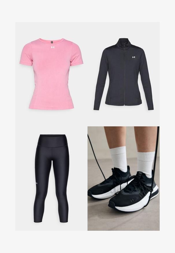 Melnās sporta jakas izgatavotas no gludas, elastīgas auduma ar augstu apkakli un pilnu rāvējslēdzēju, ar nelielu baltu logo augšējā kreisajā pusē.; Rozā īsām piedurknēm sporta krekls, izgatavots no gludas auduma. Iekļauj apaļu izgriezumu un mazu baltu logotipu krūtīs. Ar pielāgotu piegriezumu.; Melnas leggingas, izgatavotas no gluda, elastīga auduma. Augstās jostasvietas dizains ar ciešu piegādi un nelielu logotipu uz kreisās kājas.; Melni sporta apavi ar strukturētu audumu, balta zole un melni šņores. Valkāti ar baltām ribotām zeķēm, stāvot uz gaišas virsmas.