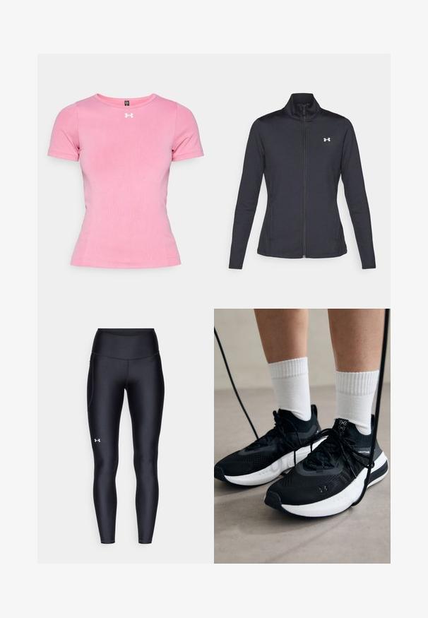 Mustmust mustrits mustritud jahk, valmistatud sujuvast, venivast kangast, kõrge kraega ja täispika tõmbluku ning väikese valge logoga vasakul üleval poole.; Roosa lühikeste varrukatega spordipusa, mis on valmistatud siledast kangast. Omab ümmargust kaelust ja väikest valget logo rinnal. Üksikult kohandatud istuvus.; Mustad mustad, venitatud materjalist, kõrge vöökoht. Vasakul reie kohal on valge logo ning tihe disain.; Mustad mustad jalanõud tekstuuritud kangast, valge tallaga ja mustade paeltega. Kanna valgete soonikkudega sokkide sisse, seistes helesinisel pinnal.