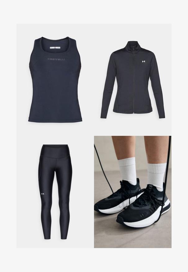 Črna atletska jakna iz gladkega, raztegljivega blaga z visokim ovratnikom in polnim zadrgo, ki ima majhen bel logotip na zgornji levi strani.; Temno modra športna majica brez rokavov, izdelana iz gladkega, raztegljivega materiala. Ima zaobljen ovratnik in diskretno blagovno znamko na prsih.; Črne pajkice iz gladkega, elastičnega materiala z visokim pasom. Imajo bel logotip na levem stegnu in oprijet kroj.; Črne športne čevlje z strukturirano tkanino, belo podplatom in črnimi vezalkami. Nosi se z belimi rebrastimi nogavicami, stoje na svetli površini.
