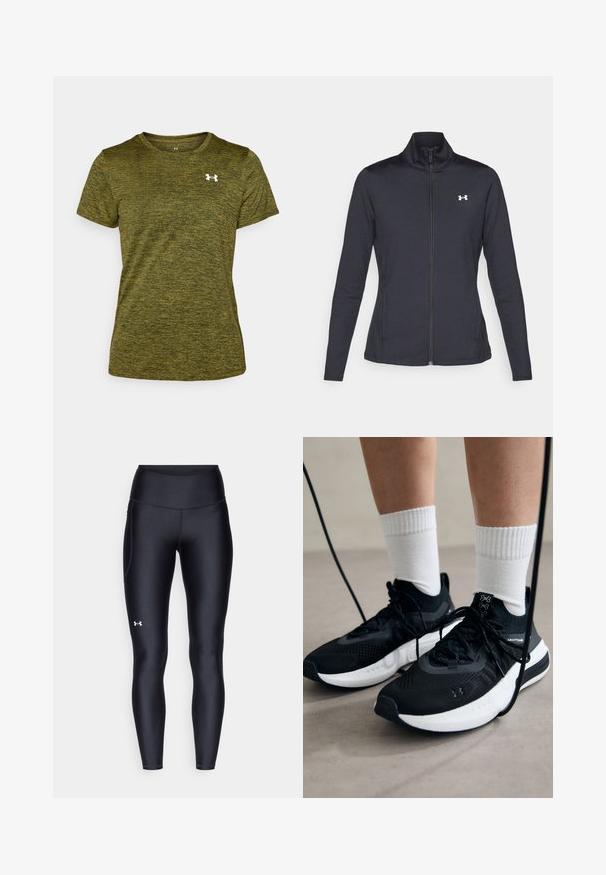 Mustmust mustrits mustritud jahk, valmistatud sujuvast, venivast kangast, kõrge kraega ja täispika tõmbluku ning väikese valge logoga vasakul üleval poole.; Roheline lühikese varrukaga T-särk, mis on valmistatud tekstureeritud kangast ja millel on heledat värvi muster. Vasakul rinnaosal on valge logo.; Mustad mustad, venitatud materjalist, kõrge vöökoht. Vasakul reie kohal on valge logo ning tihe disain.; Mustad mustad jalanõud tekstuuritud kangast, valge tallaga ja mustade paeltega. Kanna valgete soonikkudega sokkide sisse, seistes helesinisel pinnal.