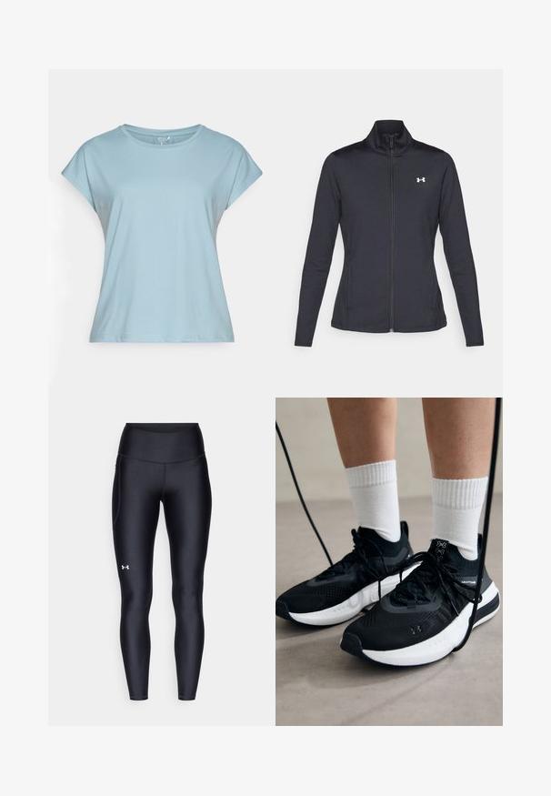 Musta urheilutakki, joka on valmistettu sileästä ja joustavasta kankaasta. Takissa on korkea kaulus ja täysipitkä vetoketju, sekä pieni valkoinen logo vasemmalla ylhäällä.; Vaaleansininen lyhythihainen t-paita, joka on valmistettu pehmeästä kankaasta. Ominaisuuksiin kuuluu pyöreä pääntie, rento malli ja ommellut reunat. Ei kuvioita tai koristeluja.; Mustat legginsit, jotka on valmistettu sileästä ja venyvästä materiaalista, korkealla vyötäröllä. Vasemmassa reidessä on valkoinen logo ja istuva muotoilu.; Mustat urheilukengät, joissa on teksturoitua kangasta, valkoiset pohjat ja mustat nauhat. Yhdistetty valkoisten urheilusukkien kanssa, seisten vaalealla pinnalla.