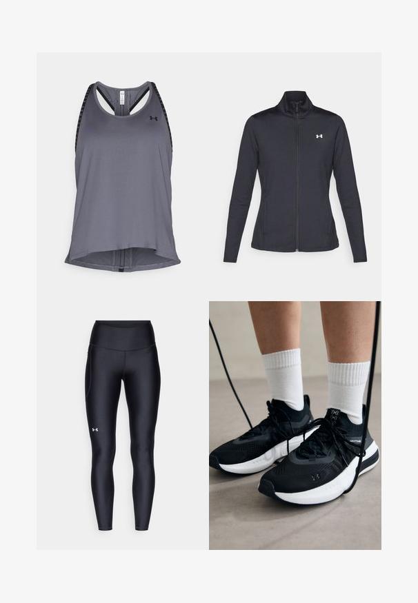 Zwarte sportjack gemaakt van glad, rekbaar materiaal met een hoge kraag en een volledige ritssluiting, met een klein wit logo op de bovenste linkerkant.; Grijze sportieve tanktop met een afgeronde halslijn, racerback ontwerp en contrasterende zwarte accenten op de schouderbanden. Gemaakt van lichtgewicht stof.; Zwarte leggings van glad, rekbaar materiaal met een hoge tailleband. Heeft een wit logo op de linkerdij en een aansluitend ontwerp.; Zwarte sportschoenen van gestructureerde stof, met een witte zool en zwarte veters. Draag ze met witte geribde sokken, staand op een lichte ondergrond.
