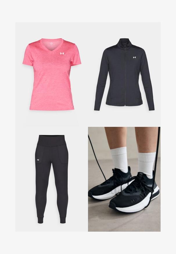 Casaco atlético preto feito de um tecido liso e elástico, com gola alta e zíper completo, apresentando um pequeno logótipo branco no canto superior esquerdo.; T-shirt rosa de manga curta com decote em V, feito de um tecido leve, apresentando uma textura levemente mesclada e um logótipo branco no lado esquerdo do peito.; Leggings atléticos pretos, feitos de material elástico, com uma cintura alta, bolsos laterais e punhos ajustados no tornozelo.; Sapatilhas desportivas pretas com tecido texturizado, sola branca e atacadores pretos. Usadas com meias brancas caneladas, a pé sobre uma superfície clara.