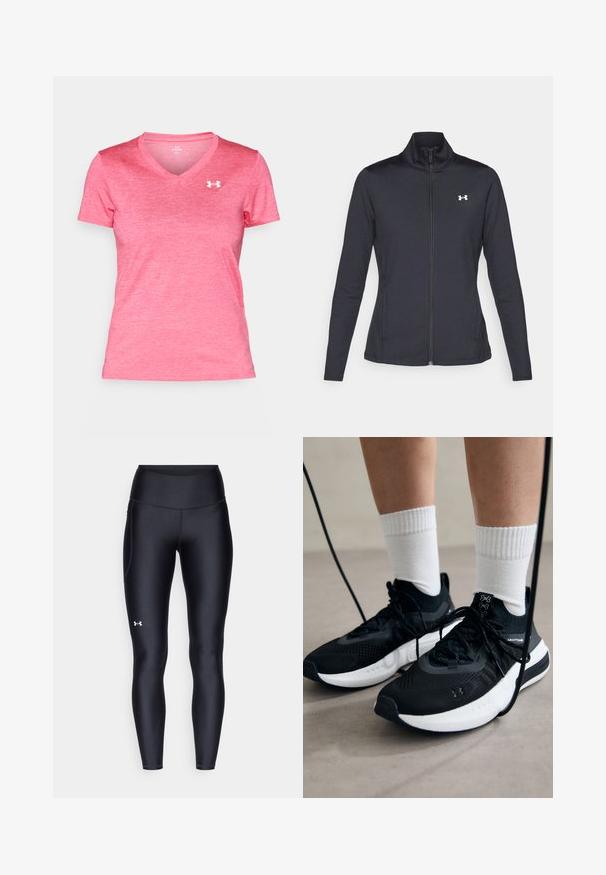Svart treningsjakke laget av glatt, elastisk stoff med høy krage og hel glidelås, med en liten hvit logo på øvre venstre side.; Rosa kortermet V-hals T-skjorte laget av lett stoff, med en subtil heathered tekstur og en hvit logo på venstre bryst.; Sorte leggings laget av glatt, elastisk materiale med høy midje. Har en hvit logo på venstre lår og en tettsittende design.; Svarte treningssko med teksturert stoff, hvit såle og svarte snøringer. Brukt med hvite ribbestrikkede sokker, stående på en lys overflate.
