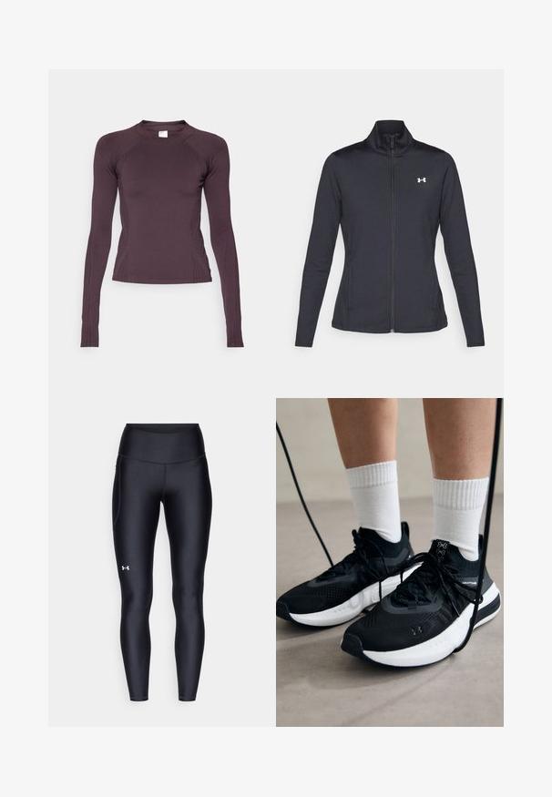 Fekete sportos dzseki sima, rugalmas anyagból, magas gallérral és teljes cipzárral, az elülső bal oldalon egy kis fehér logóval.; Hosszú ujjú sportfelső sötétlila színben, rugalmas anyagból készült. Kerek nyakkezelése van, és finom bordázott oldali részletei.; Fekete leggings sima, rugalmas anyagból, magas derékkal. Bal combján fehér logó található, és testhezálló kialakítású.; Fekete sportcipők textúrált anyagból, fehér talppal és fekete fűzőkkel. Fehér bordázott zoknikkal viselve, világos felületen állva.