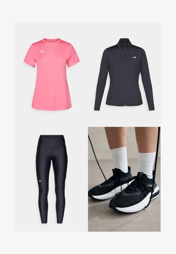 Čierna športová bunda vyrobená z hladkého, elastického materiálu s vysokým golierom a plným zipsom, s malým bielym logom na hornej ľavej strane.; Ružová športová tričko vyrobené z ľahkej, hladkej látky. Krátke rukávy, okrúhly výstrih, s malým bielym logom na hrudi.; Čierne legíny vyrobené z hladkého, elastického materiálu s vysokým pásom. Obsahujú biele logo na ľavom stehne a sú strihané na telo.; Čierne športové topánky s textúrovanou tkaninou, bielou podrážkou a čiernymi šnúrkami. Nosené s bielymi rebrovanými ponožkami, postavené na svetlom povrchu.