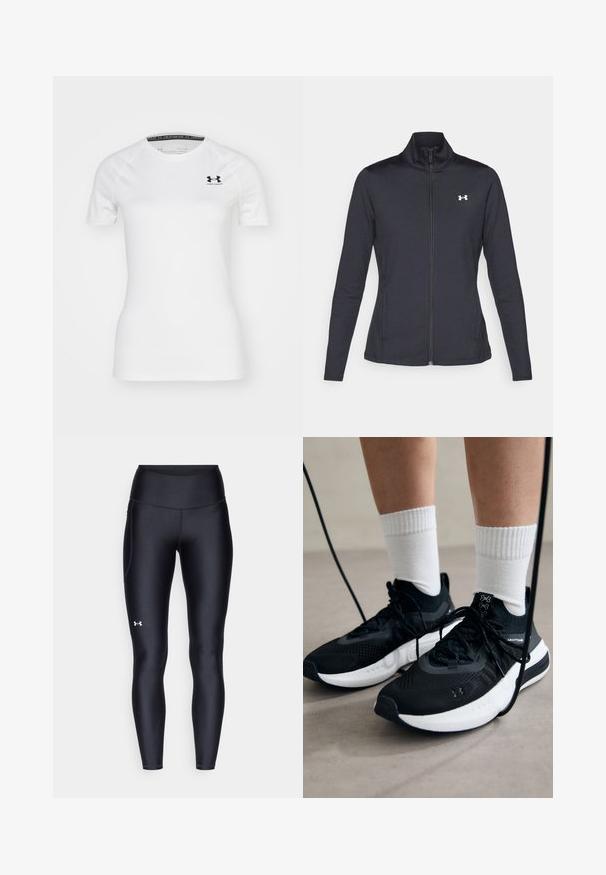 Sort atletisk jakke lavet af glat, strækbart stof med høj krave og fuld lynlås, der har et lille hvidt logo på den øverste venstre side.; Hvid kortærmet atletisk T-shirt lavet af glat stof, med et sort Under Armour-logo på den øverste venstre bryst og rund halsudskæring.; Sorte leggings lavet af glat, strækbart materiale med høj talje. Har et hvidt logo på venstre lår og en tætsiddende design.; Sorte sportssko med tekstureret stof, hvid sål og sorte snørebånd. Båret med hvide ribbede sokker, stående på en lys overflade.