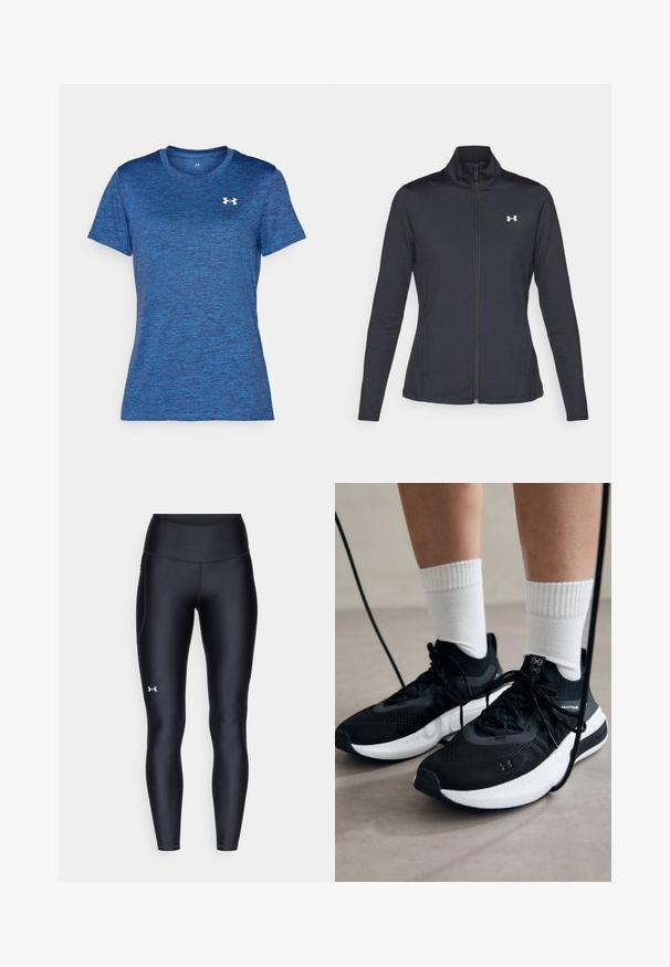 Fekete sportos dzseki sima, rugalmas anyagból, magas gallérral és teljes cipzárral, az elülső bal oldalon egy kis fehér logóval.; Kék, rövid ujjú sportpóló strukturált, heatheres mintával. Kerek nyakkivágással és kis fehér logóval rendelkezik a mellkasán.; Fekete leggings sima, rugalmas anyagból, magas derékkal. Bal combján fehér logó található, és testhezálló kialakítású.; Fekete sportcipők textúrált anyagból, fehér talppal és fekete fűzőkkel. Fehér bordázott zoknikkal viselve, világos felületen állva.