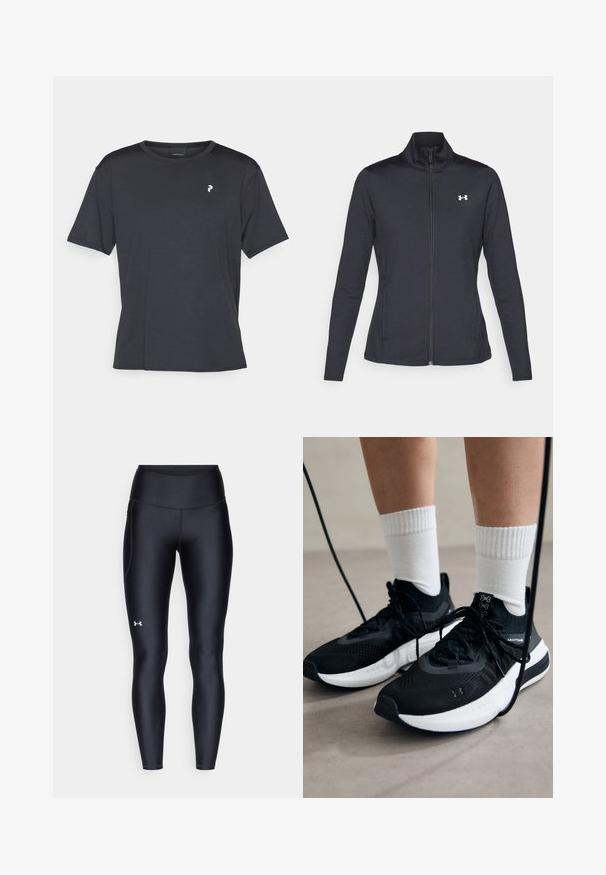 Čierna športová bunda vyrobená z hladkého, elastického materiálu s vysokým golierom a plným zipsom, s malým bielym logom na hornej ľavej strane.; Čierne tričko s krátkym rukávom vyrobené z hladkého materiálu. Má okrúhly výstrih a malé biele logo na ľavej strane hrudníka.; Čierne legíny vyrobené z hladkého, elastického materiálu s vysokým pásom. Obsahujú biele logo na ľavom stehne a sú strihané na telo.; Čierne športové topánky s textúrovanou tkaninou, bielou podrážkou a čiernymi šnúrkami. Nosené s bielymi rebrovanými ponožkami, postavené na svetlom povrchu.