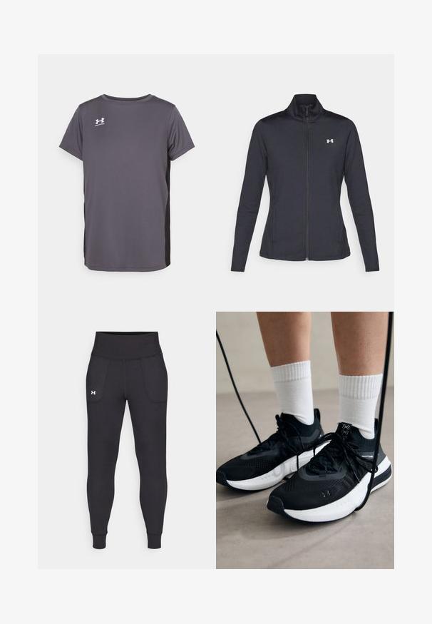 Juodas sportinis švarkas, pagamintas iš lygios, elastingos medžiagos, su aukštu apykakle ir pilnu užtrauktuku, su maža balta logo kairiajame viršutiniame kampe.; Pilkas sportinis marškinėliai pagaminti iš lengvos medžiagos, su trumpomis rankovėmis, apvaliu kaklu ir kontrastinga juoda šonine juostele. Logotipas ant krūtinės.; Juodos sportinės leginsai, pagaminti iš tamprių medžiagų, su aukštu juosmeniu, šoninėmis kišenėmis ir priglundančiomis blauzdų manžetėmis.; Juodi sportiniai batai su tekstūruotu audiniu, balta padu ir juodais raiščiais. Dėvimi su baltais raištiniais kojiniais, stovint lengvame paviršiuje.
