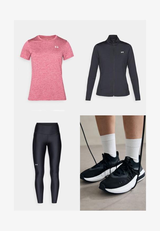 Svart treningsjakke laget av glatt, elastisk stoff med høy krage og hel glidelås, med en liten hvit logo på øvre venstre side.; Kortermet, crew-neck treningstopp i heathered rosa stoff, med en liten hvit logo på venstre brystområde. Mykt, lett materiale.; Sorte leggings laget av glatt, elastisk materiale med høy midje. Har en hvit logo på venstre lår og en tettsittende design.; Svarte treningssko med teksturert stoff, hvit såle og svarte snøringer. Brukt med hvite ribbestrikkede sokker, stående på en lys overflate.