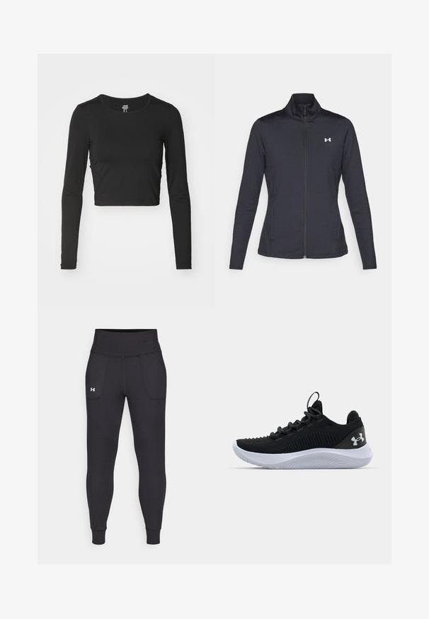 Črna atletska jakna iz gladkega, raztegljivega blaga z visokim ovratnikom in polnim zadrgo, ki ima majhen bel logotip na zgornji levi strani.; Črn dolg rokav krojeni top iz gladkega, raztegljivega materiala. Ima okrogel ovratnik in prilegajočo zasnovo z minimalnimi šivi.; Črne atletske legice iz raztegljivega materiala, ki imajo visok pas, stranske žepke in tesne manšete pri gležnjih.; Črne športne copate z zračnim mrežastim zgornjim delom, strukturnimi detajli in belo gumijasto podplat. Imajo ravne vezalke in zanko na peti.
