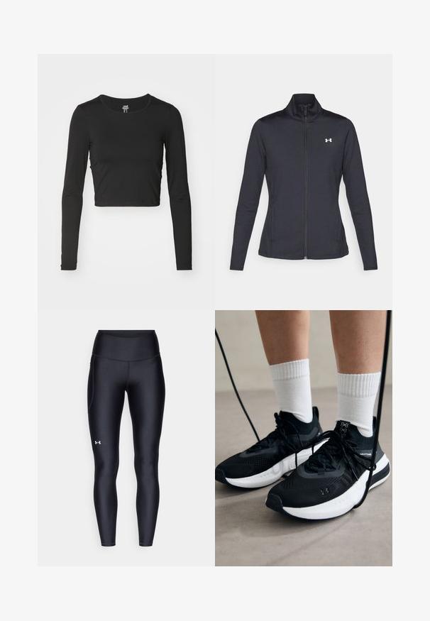 Fekete sportos dzseki sima, rugalmas anyagból, magas gallérral és teljes cipzárral, az elülső bal oldalon egy kis fehér logóval.; Fekete, hosszú ujjú, rövidített felső sima, rugalmas anyagból. Kerek nyakkivágással és illeszkedő fazonnal rendelkezik, minimális varrási részletekkel.; Fekete leggings sima, rugalmas anyagból, magas derékkal. Bal combján fehér logó található, és testhezálló kialakítású.; Fekete sportcipők textúrált anyagból, fehér talppal és fekete fűzőkkel. Fehér bordázott zoknikkal viselve, világos felületen állva.