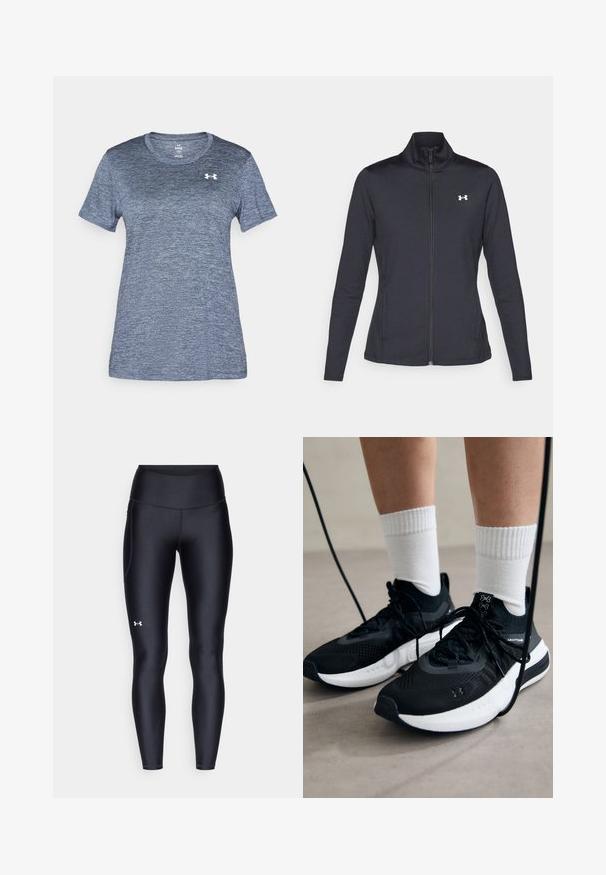 Mustmust mustrits mustritud jahk, valmistatud sujuvast, venivast kangast, kõrge kraega ja täispika tõmbluku ning väikese valge logoga vasakul üleval poole.; Lühikeste varrukatega spordisärk helesinisest kangast. Omab ümmargust kaelust ja valget logo vasakul rinna kohal. Pehme tekstuur.; Mustad mustad, venitatud materjalist, kõrge vöökoht. Vasakul reie kohal on valge logo ning tihe disain.; Mustad mustad jalanõud tekstuuritud kangast, valge tallaga ja mustade paeltega. Kanna valgete soonikkudega sokkide sisse, seistes helesinisel pinnal.