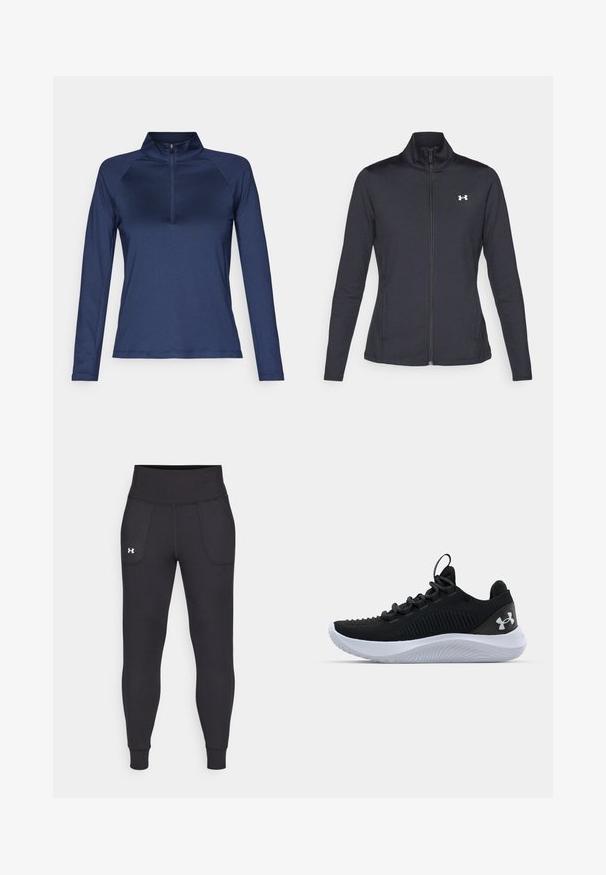 Mustmust mustrits mustritud jahk, valmistatud sujuvast, venivast kangast, kõrge kraega ja täispika tõmbluku ning väikese valge logoga vasakul üleval poole.; Tumesinine pikkade käistega lukuga särk, mis on valmistatud kergest ja venivast kangast, millel on veerandi pikkuses lukku ja raglanvarrukad, mis tagavad liikuvuse.; Mustad must-harjutuslegid, mis on valmistatud elastse materjali jaoks, kõrge vöökoha, küljetaskute ja tihedalt istuvate pahkluude vahega.; Mustad mustren pruunid sportlikud kingad, millel on hingav võrgust pealis, tekstuuriga detailid ja valgest kummist talla. Omavad lapikuid paelu ja kandmismehhanismi.