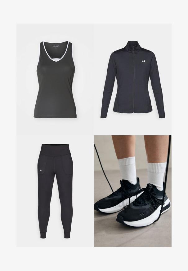 Černá sportovní bunda vyrobená z hladké a elastické textilie, s vysokým límcem a plným zipem, která má malé bílé logo na levé horní části.; Černý tílko s výstřihem do V a vykrojeným detailem. Má bílé lemování kolem výstřihu a otvorů na rukávy. Vyrobeno z hladké, elastické tkaniny.; Černé sportovní legíny vyrobené z elastického materiálu, s vysokým pasem, bočními kapsami a úzkými manžetami na kotnících.; Černé sportovní boty s texturovanou tkaninou, bílou podrážkou a černými tkaničkami. Nosené s bílými žebrovanými ponožkami, stojící na světlém povrchu.