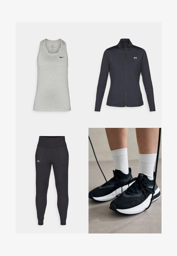 Black athletic jacket made of smooth, stretchy fabric with a high collar and full zipper, featuring a small white logo on the upper left side.; Light gray sleeveless athletic tank top made of soft fabric, featuring a round neckline and a small black Nike logo on the left chest.; Black athletic leggings made from stretchy material, featuring a high waistband, side pockets, and fitted cuffs at the ankle.; Black athletic shoes with textured fabric, white sole, and black laces. Worn with white ribbed socks, standing on a light surface.