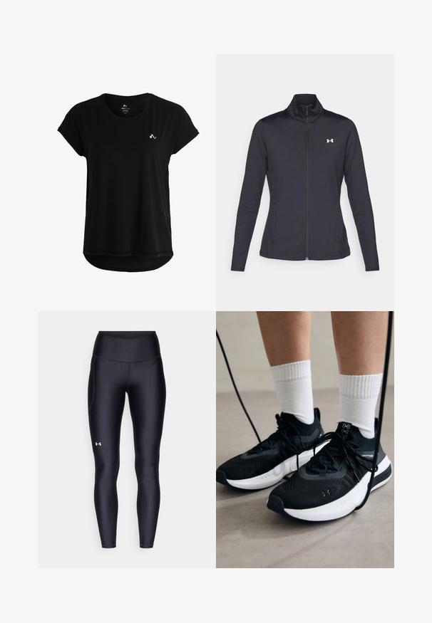 Mustmust mustrits mustritud jahk, valmistatud sujuvast, venivast kangast, kõrge kraega ja täispika tõmbluku ning väikese valge logoga vasakul üleval poole.; Musta lühikeste varukatega t-särk pehmest kangast, millel on kaarjas ääreline ja väike logo rinnal. Lihtne ja minimalistlik disain.; Mustad mustad, venitatud materjalist, kõrge vöökoht. Vasakul reie kohal on valge logo ning tihe disain.; Mustad mustad jalanõud tekstuuritud kangast, valge tallaga ja mustade paeltega. Kanna valgete soonikkudega sokkide sisse, seistes helesinisel pinnal.