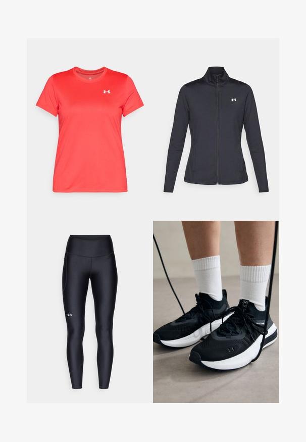 Mustmust mustrits mustritud jahk, valmistatud sujuvast, venivast kangast, kõrge kraega ja täispika tõmbluku ning väikese valge logoga vasakul üleval poole.; Lühikeste varrukatega sportlik T-särk erksas punases värvitoonis, valmistatud siledast sünteetilisest materjalist. Esiküljel on väike valge logo vasakul rinna kohal.; Mustad mustad, venitatud materjalist, kõrge vöökoht. Vasakul reie kohal on valge logo ning tihe disain.; Mustad mustad jalanõud tekstuuritud kangast, valge tallaga ja mustade paeltega. Kanna valgete soonikkudega sokkide sisse, seistes helesinisel pinnal.