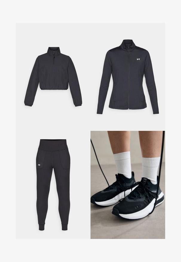Chaqueta deportiva negra hecha de una tela suave y elástica, con cuello alto y cremallera completa, que presenta un pequeño logo blanco en la parte superior izquierda.; Chaqueta negra recortada con un alto cuello, cremallera de 1/4, dobladillo elástico y mangas largas; hecha de un tejido suave y ligero.; Leggings deportivos negros hechos de material elástico, con una cintura alta, bolsillos laterales y puños ajustados en el tobillo.; Zapatillas deportivas negras con tela texturizada, suela blanca y cordones negros. Llevadas con calcetines blancos de canalé, de pie sobre una superficie clara.