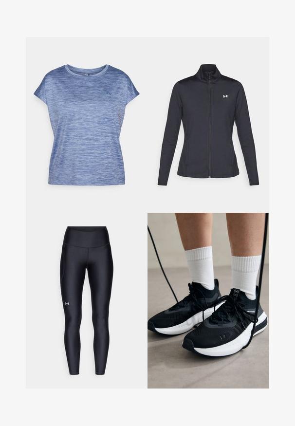 Sort atletisk jakke lavet af glat, strækbart stof med høj krave og fuld lynlås, der har et lille hvidt logo på den øverste venstre side.; ONLY Play ONPAUB-CORE LIFE ON SS LOOSE BAT TEE - Sports T-shirts - vintage indigo; Sorte leggings lavet af glat, strækbart materiale med høj talje. Har et hvidt logo på venstre lår og en tætsiddende design.; Sorte sportssko med tekstureret stof, hvid sål og sorte snørebånd. Båret med hvide ribbede sokker, stående på en lys overflade.