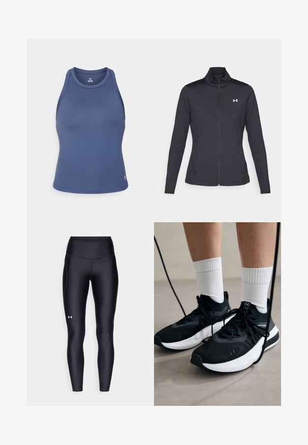 Giacca sportiva nera realizzata in tessuto morbido ed elasticizzato, con colletto alto e zip completa, caratterizzata da un piccolo logo bianco sul lato sinistro superiore.; Top atletico senza maniche di colore blu scuro, realizzato in tessuto liscio e traspirante. Presenta un colletto rotondo e un design aderente.; Leggings neri realizzati in materiale morbido e stretch con vita alta. Presentano un logo bianco sulla coscia sinistra e un design aderente.; Scarpe sportive nere con tessuto testurizzato, suola bianca e lacci neri. Indossate con calzini bianchi a costine, in piedi su una superficie chiara.