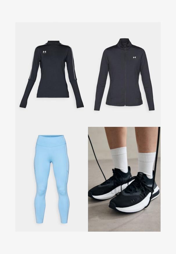 Zwarte sportjack gemaakt van glad, rekbaar materiaal met een hoge kraag en een volledige ritssluiting, met een klein wit logo op de bovenste linkerkant.; Zwarte lange mouwen sporttop met een schijnhals, voorzien van witte zijstrepen en een klein logo op de bovenste linkerkant van de borst. Zachte, rekbare stof.; Lichtblauwe leggings van rekbaar materiaal. Beschikt over een hoge tailleband, een soepele textuur en gebogen naden langs de benen.; Zwarte sportschoenen van gestructureerde stof, met een witte zool en zwarte veters. Draag ze met witte geribde sokken, staand op een lichte ondergrond.