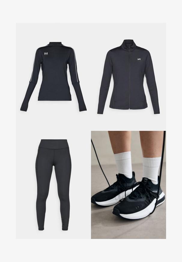 Chaqueta deportiva negra hecha de una tela suave y elástica, con cuello alto y cremallera completa, que presenta un pequeño logo blanco en la parte superior izquierda.; Top atlético de manga larga negro con cuello alto, que presenta rayas laterales blancas y un pequeño logo en la parte superior izquierda del pecho. Tejido suave y elástico.; Leggings negros fabricados con material elástico, con una cintura alta, diseño elegante y detalles de acento a rayas cerca del tobillo.; Zapatillas deportivas negras con tela texturizada, suela blanca y cordones negros. Llevadas con calcetines blancos de canalé, de pie sobre una superficie clara.