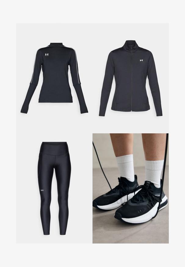 Musta urheilutakki, joka on valmistettu sileästä ja joustavasta kankaasta. Takissa on korkea kaulus ja täysipitkä vetoketju, sekä pieni valkoinen logo vasemmalla ylhäällä.; Mustat pitkähihainen urheilu paita, jossa on korkea kaula-aukko. Siinä on valkoiset sivuviivat ja pieni logo vasemmassa rintapielessä. Pehmeä ja joustava kangas.; Mustat legginsit, jotka on valmistettu sileästä ja venyvästä materiaalista, korkealla vyötäröllä. Vasemmassa reidessä on valkoinen logo ja istuva muotoilu.; Mustat urheilukengät, joissa on teksturoitua kangasta, valkoiset pohjat ja mustat nauhat. Yhdistetty valkoisten urheilusukkien kanssa, seisten vaalealla pinnalla.