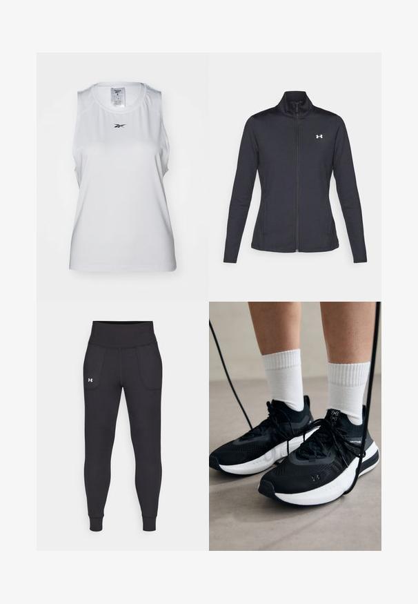 Casaco atlético preto feito de um tecido liso e elástico, com gola alta e zíper completo, apresentando um pequeno logótipo branco no canto superior esquerdo.; Top desportivo sem mangas branco feito de tecido leve, apresentando um decote redondo e um pequeno logotipo preto na parte da frente.; Leggings atléticos pretos, feitos de material elástico, com uma cintura alta, bolsos laterais e punhos ajustados no tornozelo.; Sapatilhas desportivas pretas com tecido texturizado, sola branca e atacadores pretos. Usadas com meias brancas caneladas, a pé sobre uma superfície clara.