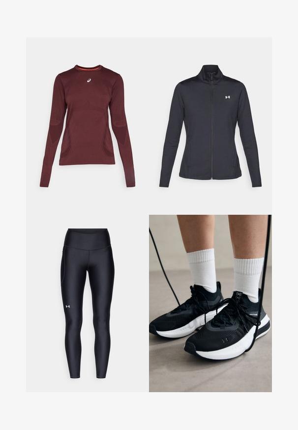 Czarna sportowa kurtka z gładkiego, elastycznego materiału, z wysokim kołnierzem i pełnym zamkiem, z małym białym logo na górnej lewej stronie.; Sportowa koszulka z długim rękawem w kolorze burgundowym z okrągłym dekoltem oraz teksturowanym wzorem. Posiada kontrastujące pomarańczowe wykończenie wewnętrzne oraz logo na piersi.; Czarne legginsy wykonane z gładkiego, elastycznego materiału z wysokim stanem. Posiadają białe logo na lewym udzie oraz dopasowany krój.; Czarne buty sportowe z teksturowanym materiałem, białą podeszwą i czarnymi sznurowadłami. Nosi je osoba w białych skarpetkach w prążki, stojąca na jasnej powierzchni.