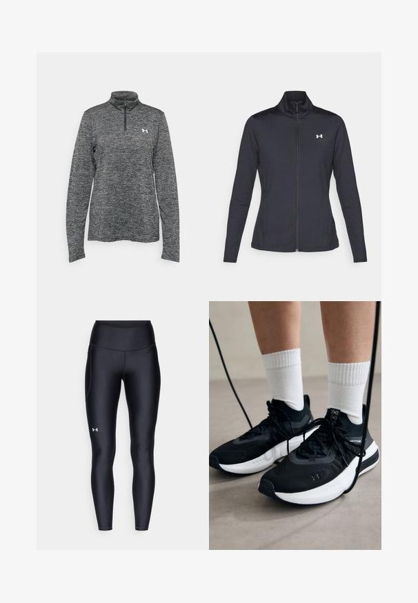 Sort atletisk jakke lavet af glat, strækbart stof med høj krave og fuld lynlås, der har et lille hvidt logo på den øverste venstre side.; Grå langærmet quarter-zip pullover med tekstureret stof og et lille logo på venstre brystområde. Flad krave og lige kantdesign.; Sorte leggings lavet af glat, strækbart materiale med høj talje. Har et hvidt logo på venstre lår og en tætsiddende design.; Sorte sportssko med tekstureret stof, hvid sål og sorte snørebånd. Båret med hvide ribbede sokker, stående på en lys overflade.