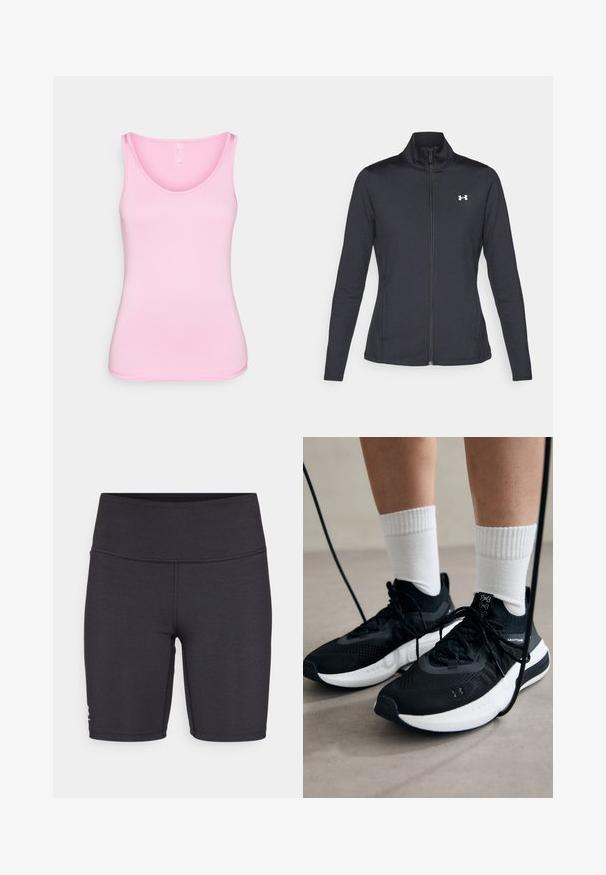 Jachetă sport neagră realizată dintr-un material neted și elastic, cu guler înalt și fermoar complet, având un mic logo alb în colțul din stânga sus.; Top roz dintr-un material neted și elastic. Dispune de un decolteu rotund și bretele subțiri, cu un design ajustat și margini curate.; Shorts sportivi negri dintr-un material elastic, având un tiv înalt și detalii cu cusut plat. Concepuți pentru confort și mobilitate.; Căști atletice negre cu țesătură texturată, talpă albă și șireturi negre. Purtați cu șosete albe cu riflaje, stând pe o suprafață deschisă.