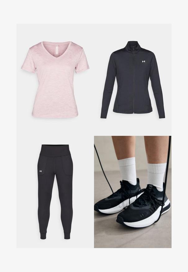 Svart treningsjakke laget av glatt, elastisk stoff med høy krage og hel glidelås, med en liten hvit logo på øvre venstre side.; V-hals, kortermet t-skjorte i lys rosa med melert tekstur, mykt stoff og sydd kantdetaljer.; Svarte sportsleggings laget av elastisk materiale, med høy midje, sidelommer og tettsittende mansjetter ved ankelen.; Svarte treningssko med teksturert stoff, hvit såle og svarte snøringer. Brukt med hvite ribbestrikkede sokker, stående på en lys overflate.