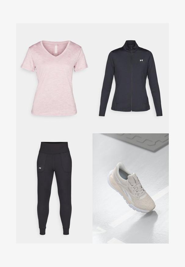 Black athletic jacket made of smooth, stretchy fabric with a high collar and full zipper, featuring a small white logo on the upper left side.; V-neck, short-sleeved t-shirt in light pink with a heathered texture, soft fabric, and stitched hem details.; Black athletic leggings made from stretchy material, featuring a high waistband, side pockets, and fitted cuffs at the ankle.; Light beige athletic shoe with a perforated upper, textured accents, padded collar, and white rubber sole, designed for comfort and breathability.