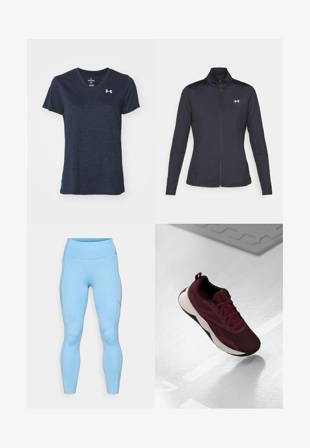 Mustmust mustrits mustritud jahk, valmistatud sujuvast, venivast kangast, kõrge kraega ja täispika tõmbluku ning väikese valge logoga vasakul üleval poole.; Tumed sinine V-kaelusega T-särk lühikeste varrukatega, valmistatud tekstuurilisest ja kergest kangast. Esitlusel on väike hõbedane logo vasakul ülaosas.; Heledad sinised leggingid, mis on valmistatud venivast kangast. Omavad kõrget vööd, siledat tekstuuri ja kaarjad õmblused piki jalgu.; Bordoo spordijalanõud, millel on võrgust pealispind, mustad aktsendid ja pehme valge tald. Omab soonkinnitust ja kandmist hõlbustavat konksu kontsapooles.