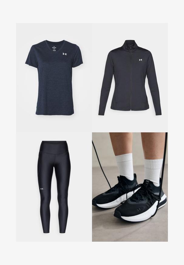 Fekete sportos dzseki sima, rugalmas anyagból, magas gallérral és teljes cipzárral, az elülső bal oldalon egy kis fehér logóval.; Sötétkék V nyakú póló, rövid ujjú, textúrált, könnyű anyagból készült. Kicsi ezüst logó található a bal felső mellen.; Fekete leggings sima, rugalmas anyagból, magas derékkal. Bal combján fehér logó található, és testhezálló kialakítású.; Fekete sportcipők textúrált anyagból, fehér talppal és fekete fűzőkkel. Fehér bordázott zoknikkal viselve, világos felületen állva.