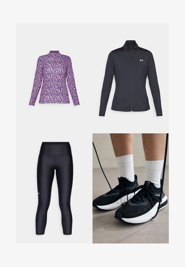 Fekete sportos dzseki sima, rugalmas anyagból, magas gallérral és teljes cipzárral, az elülső bal oldalon egy kis fehér logóval.; Hosszú ujjú felső rózsaszín és lila leopárdmintával, magas gallérral és sima, rugalmas anyaggal.; Fekete leggings sima, rugalmas anyagból. Magas derékú dizájn, szoros illeszkedéssel és egy kis logóval a bal lábon.; Fekete sportcipők textúrált anyagból, fehér talppal és fekete fűzőkkel. Fehér bordázott zoknikkal viselve, világos felületen állva.