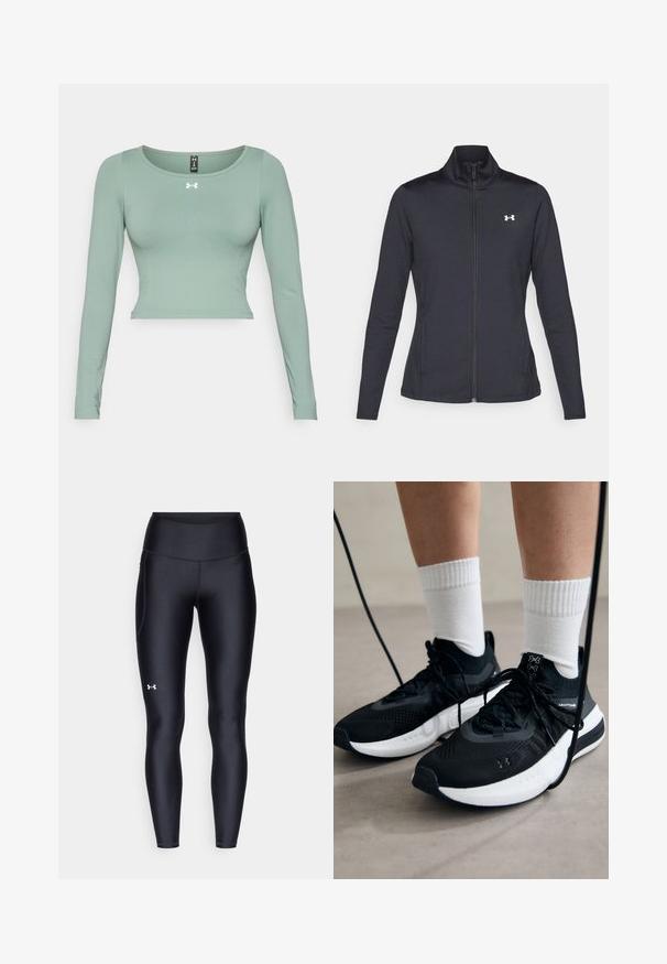 Casaco atlético preto feito de um tecido liso e elástico, com gola alta e zíper completo, apresentando um pequeno logótipo branco no canto superior esquerdo.; Top cropped de manga longa em tecido verde claro. Apresenta um decote redondo e um logo discreto na frente. Textura suave com design ajustado.; Leggings pretos feitos de material liso e elástico, com uma cintura alta. Apresentam um logotipo branco na coxa esquerda e um design ajustado.; Sapatilhas desportivas pretas com tecido texturizado, sola branca e atacadores pretos. Usadas com meias brancas caneladas, a pé sobre uma superfície clara.