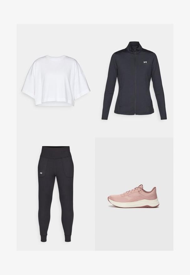 Casaco atlético preto feito de um tecido liso e elástico, com gola alta e zíper completo, apresentando um pequeno logótipo branco no canto superior esquerdo.; T-shirt branca cropped feita de algodão macio, com mangas curtas e largas e decote redondo. Design minimalista, sem padrões ou detalhes visíveis.; Leggings atléticos pretos, feitos de material elástico, com uma cintura alta, bolsos laterais e punhos ajustados no tornozelo.; Sapatilha atlética de cor rosa claro, com parte superior em mesh, colarinho acolchoado e entressola branca. Apresenta padrões texturizados e uma sola de borracha com tração.