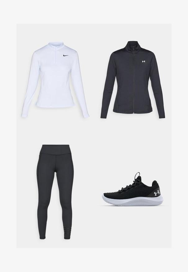 Casaco atlético preto feito de um tecido liso e elástico, com gola alta e zíper completo, apresentando um pequeno logótipo branco no canto superior esquerdo.; Camisola atlética de manga longa azul-claro com colarinho de meia-zíp, apresentando textura ribbed e um logótipo preto da Nike no lado superior esquerdo.; Leggings pretos feitos de material elástico, com uma cintura alta, design elegante e detalhes de riscas perto do tornozelo.; Sapatos desportivos pretos com um upper em malha respirável, detalhes texturizados e uma sola de borracha branca. Apresenta atacadores planos e uma alça no calcanhar.