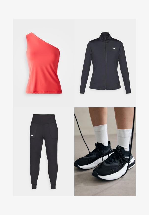 Zwarte sportjack gemaakt van glad, rekbaar materiaal met een hoge kraag en een volledige ritssluiting, met een klein wit logo op de bovenste linkerkant.; Asymmetrische koraalkleurige tanktop van glad, rekbaar materiaal, met een enkele schouderband en een getailleerde silhouet.; Zwarte sportleggings van rekbaar materiaal, met een hoge tailleband, zijzakken en aansluitende boorden bij de enkels.; Zwarte sportschoenen van gestructureerde stof, met een witte zool en zwarte veters. Draag ze met witte geribde sokken, staand op een lichte ondergrond.