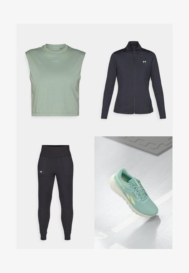 Casaco atlético preto feito de um tecido liso e elástico, com gola alta e zíper completo, apresentando um pequeno logótipo branco no canto superior esquerdo.; Top cropped sem mangas verde claro feito de tecido macio, com decote redondo e um pequeno logótipo "BORG" impresso na frente.; Leggings atléticos pretos, feitos de material elástico, com uma cintura alta, bolsos laterais e punhos ajustados no tornozelo.; Sapatilha atlética em azul-turquesa claro com um cabedal texturizado, detalhes em amarelo em contraste e uma sola branca robusta. Apresenta atacadores e logo da marca.