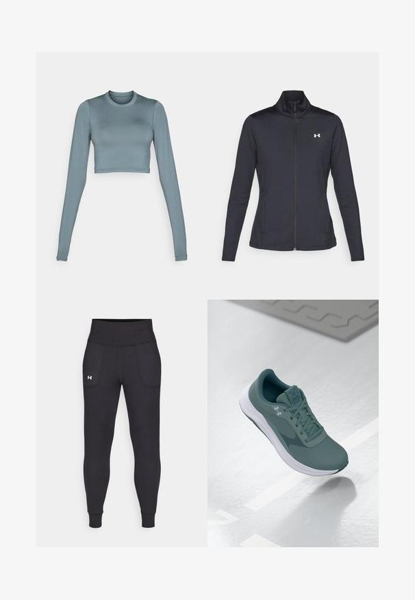 Čierna športová bunda vyrobená z hladkého, elastického materiálu s vysokým golierom a plným zipsom, s malým bielym logom na hornej ľavej strane.; Dlhý rukáv, skrátený top v jemnej, elastickej svetlomodrej tkanine s okrúhlym výstrihom a diskrétnym logom na strednej časti predného dielu.; Čierne športové legíny vyrobené z elastického materiálu, s vysokým pásom, bočnými vreckami a priliehajúcimi manžetami na členkoch.; Tmavě modré běžecké boty Under Armour s bílou podrážkou, zobrazené, jak plavou nad lesklým povrchem s uvázanými tkaničkami.