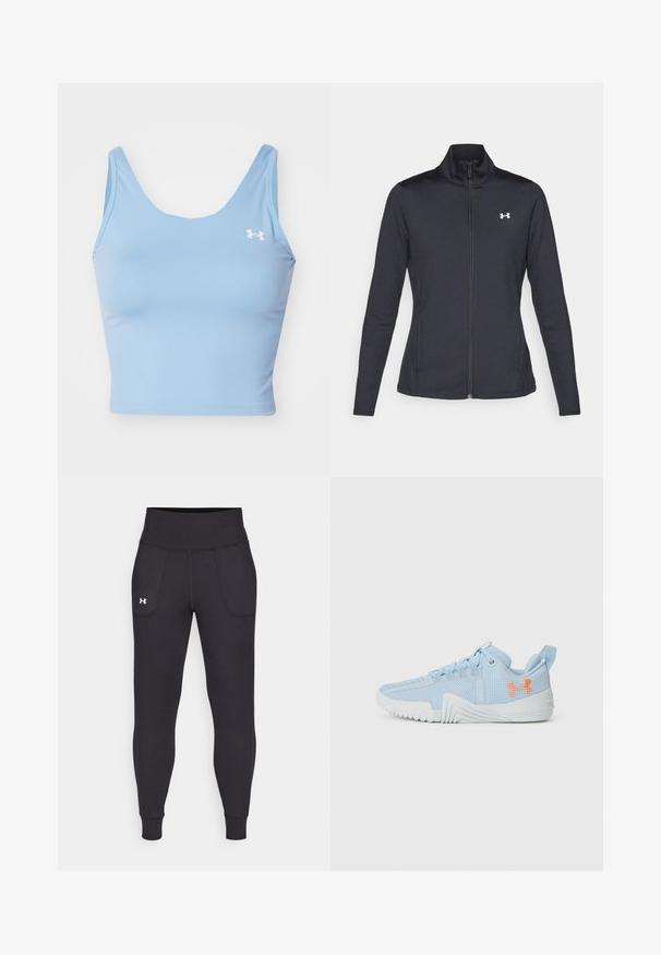 Fekete sportos dzseki sima, rugalmas anyagból, magas gallérral és teljes cipzárral, az elülső bal oldalon egy kis fehér logóval.; Világoskék crop top sima anyagból. Széles, kerek nyakkivágással és vékony pántokkal rendelkezik. A bal mellrészen egy kis fehér logó található.; Fekete sportleggings rugalmas anyagból, magas derékfűzéssel, oldalsó zsebekkel és szűkített szárakkal a bokán.; Világoskék sportcipő, amely hálós anyagból készült, texturált talppal, narancssárga logóval és fűzős dizájnnal.