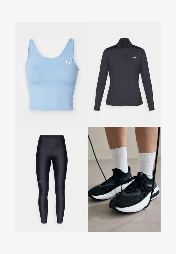 Giacca sportiva nera realizzata in tessuto morbido ed elasticizzato, con colletto alto e zip completa, caratterizzata da un piccolo logo bianco sul lato sinistro superiore.; Top corto azzurro chiaro realizzato in tessuto morbido. Presenta una scollatura ampia e spalline sottili. Include un piccolo logo bianco sul lato sinistro del petto.; Leggings neri realizzati in materiale morbido e stretch con vita alta. Presentano un logo bianco sulla coscia sinistra e un design aderente.; Scarpe sportive nere con tessuto testurizzato, suola bianca e lacci neri. Indossate con calzini bianchi a costine, in piedi su una superficie chiara.