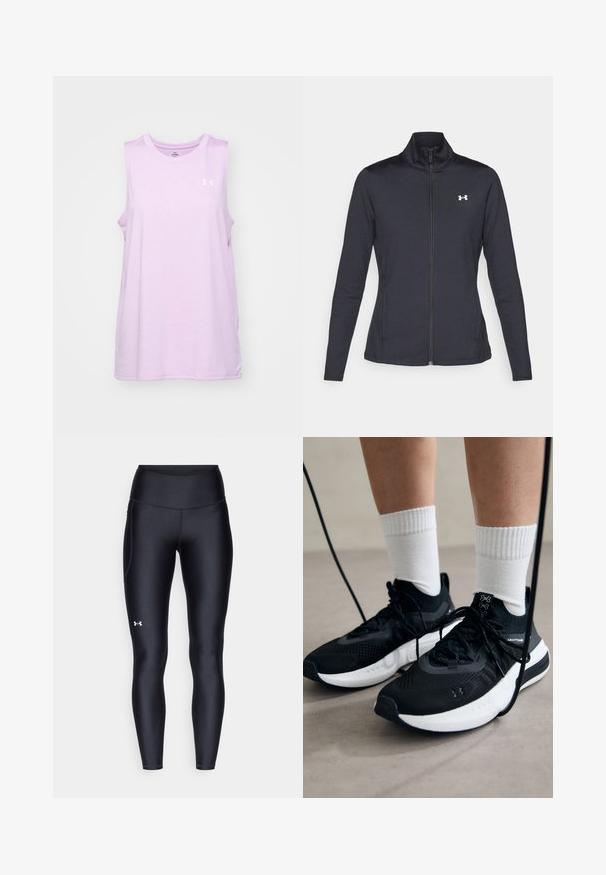 Črna atletska jakna iz gladkega, raztegljivega blaga z visokim ovratnikom in polnim zadrgo, ki ima majhen bel logotip na zgornji levi strani.; Under Armour TANK TWIST - Top - stellar pink/white; Črne pajkice iz gladkega, elastičnega materiala z visokim pasom. Imajo bel logotip na levem stegnu in oprijet kroj.; Črne športne čevlje z strukturirano tkanino, belo podplatom in črnimi vezalkami. Nosi se z belimi rebrastimi nogavicami, stoje na svetli površini.