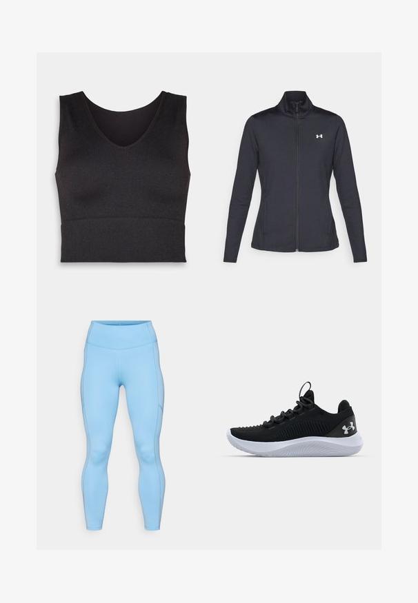 Fekete sportos dzseki sima, rugalmas anyagból, magas gallérral és teljes cipzárral, az elülső bal oldalon egy kis fehér logóval.; Fekete bordázott cropped top V-kivágással és testre simuló fazonban. Az anyag rugalmas, kényelmes illeszkedést és sima textúrát biztosít.; Világoskék, rugalmas anyagból készült leggings. Magas derékkal, sima textúrával és ívelt varratokkal rendelkezik a lábak mentén.; Fekete sportcipők légáteresztő hálós felsőrésszel, texturált részletekkel és fehér gumitalppal. Lapos fűzővel és sarokhúzó füllel rendelkezik.
