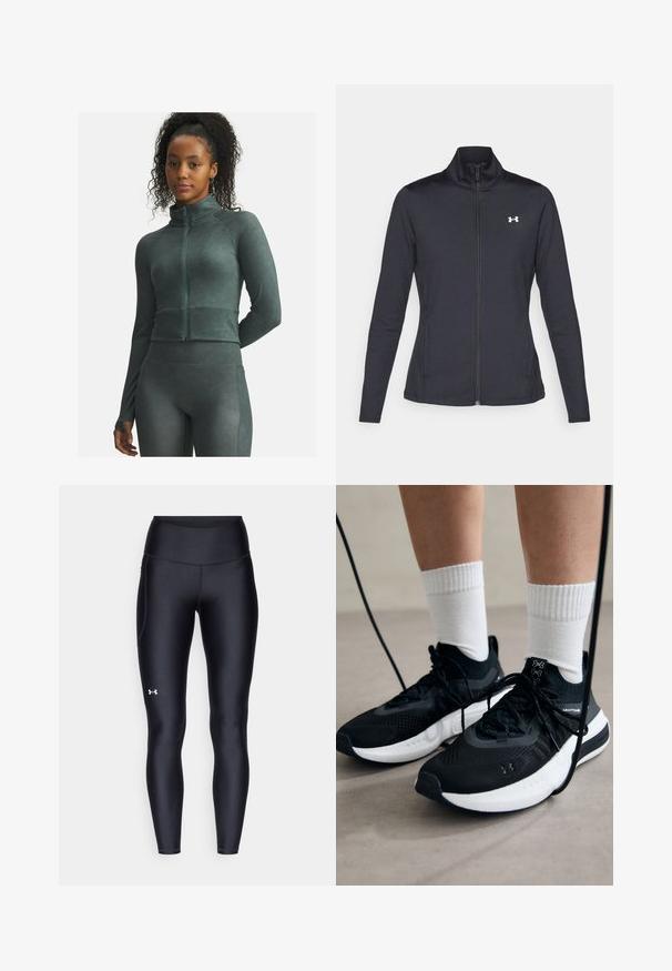 Black athletic jacket made of smooth, stretchy fabric with a high collar and full zipper, featuring a small white logo on the upper left side.; Woman with curly hair wearing dark green zip-up athletic jacket and matching leggings, standing with one arm behind back against white background.; Black leggings made of smooth, stretchy material with a high waistband. Features a white logo on the left thigh and fitted design.; Black athletic shoes with textured fabric, white sole, and black laces. Worn with white ribbed socks, standing on a light surface.